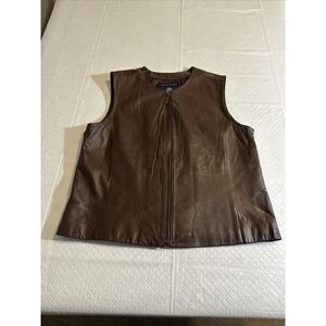 Preston & York Vintage Leather Vest Women Sz 16 USA Moto Zip Lined Brown‎